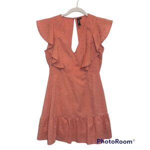 Influence Frill Sleeve Open Back Broderie Mini Dress in Coral - Size 10